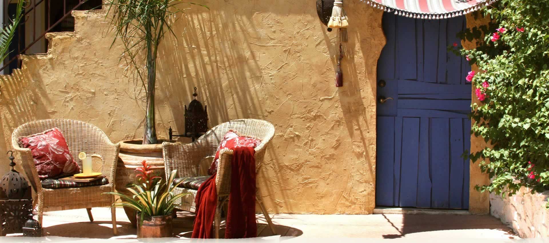 El Morocco Inn chairs and moroccan blue door